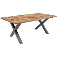 Meublorama Table de salle à manger RAFTA 220 cm – Plateau en bois massif de teck – Pieds en X en métal noir