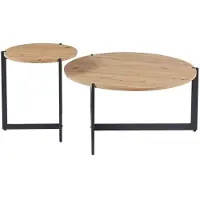 Meublorama Lot de deux table basses rondes style industriel collection BIANCA - Coloris chêne clair et noir.