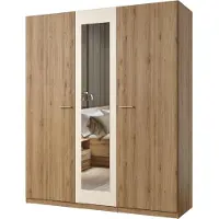 Meublorama Armoire VERTIGO - 3 portes 179x215 cm – Chêne sauvage et beige sable – Avec miroir central