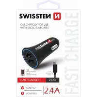 Swissten Chargeur de voiture 2x USB-A 2.4 A (20110900), Adaptateur pour véhicule, Noir