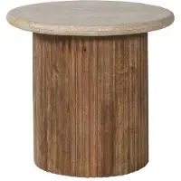Meublorama Table basse MAELORA – Table basse ronde Ø50 cm – Bois de manguier & travertin – Design naturel et élégant