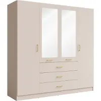 Meublorama Armoire KALISTA 200 cm COLORIS sable – 4 portes, 2 miroirs, 3 tiroirs, poignées dorées