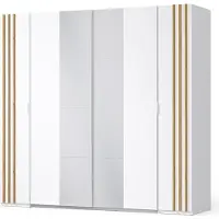 Meublorama Armoire FLORENCE – Blanc et chêne – 2 portes coulissantes + 2 battantes – L218 cm – 10 étagères