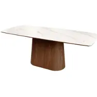 Meublorama Table rectangulaire LUMEA – 200 cm – Plateau céramique effet marbre blanc et pied plaqué noyer – Style contemporain