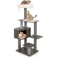 StarTech.com Arbre à chat - Arbre à grimper - Hauteur 151 cm - Au moins 5 niveaux et plateformes - Niche pour chat - Balle de jeu - Tapis amovibles - Structure en bois - Gris
