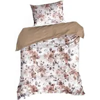 Eurofirany | Ensemble de lit - Housse de couette - 140 x 200 cm - Blanc Marron - Fleurs - Ensemble de linge de lit - 100% coton