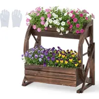 Costway Jardinière , bac à fleurs surélevé en bois, bac à plantes avec roue de charrette, 2 étages, trous de drainage et demi-roues, parterre de fleurs, décoration rustique 56 x 33 x 56,5 cm