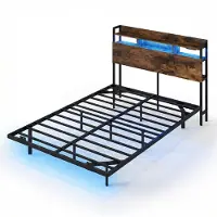 Costway Sommier 140 x 200 cm, lit double avec éclairage LED, station de recharge, sommier à lattes et tête de lit avec rangement, cadre de lit, lit en métal sans matelas, style industriel