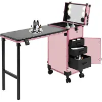 StarTech.com Valise cosmétique à roulettes - Table à ongles pliable - Miroir LED tactile (chaud/neutre/froid) - Trois tiroirs - Quatre roulettes (dont 2 avec frein) - Prise UE - Rose