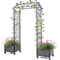 Costway Jardinière , arche à roses 2 en 1 avec treillis, toit suspendu, espalier et 2 bacs à plantes, arche de jardin sur roulettes, métal et rotin PP, gris