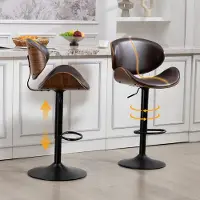 Great han Lot de 2 tabourets de bar pivotants et réglables en hauteur, en bois courbé et similicuir, avec dossier ergonomique et repose-pieds, pour îlot de cuisine, marron