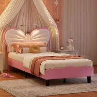 ProximaX Lit rembourré pour enfant 90 x 190 cm, rose et blanc, avec tête de lit en forme de papillon et lampes de lecture, design tout en douceur pour une chambre de petite fille