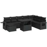 vidaXL Ensemble de salon de jardin 9 pièces avec coussins noir poly rotin