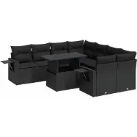 vidaXL Ensemble de salon de jardin 9 pièces avec coussins noir poly rotin