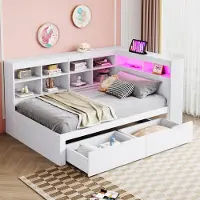 Great han Lit simple en bois massif 90x200 blanc avec LED & prise USB - Canapé-lit multifonctionnel avec étagères, compartiments de rangement & beaucoup d'espace de stockage, blanc