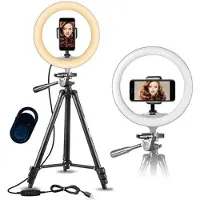 Pro Ring Light Stativ 10"- 52-136 cm - Bluetooth Fjernbetjening - 3000-6500K (Éclairage annulaire), Lumière continue, Noir