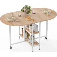 Mondeer Table de cuisine pliante avec 2 étagères et roulettes 140 x 80 x 75 cm Chêne+Blanc