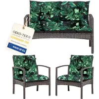 Blomster Ensemble de 3 coussins de salon en palettes, coussins d'assise d'extérieur pour meubles en rotin, 2 coussins de chaise + 1 coussin de banc, feuilles vertes