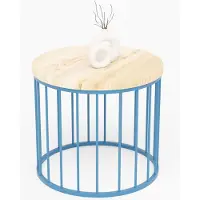LAMO Manufaktur Table basse ronde en bois et metal 50 x 42 cm - Table d'appoint canapé pour salon moderne - Design scandinave, style industriel, touche déco chic - Couleur : Naturel, pieds : Bleu