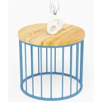 LAMO Manufaktur Table basse ronde en bois et metal 50 x 42 cm - Table d'appoint canapé pour salon moderne - Design scandinave, style industriel, touche déco chic - Couleur : rustique, pieds : bleu