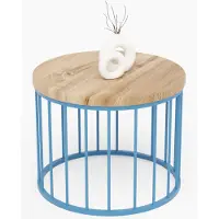 LAMO Manufaktur Table basse ronde en bois et metal 50 x 37 cm - Table d'appoint canapé pour salon moderne - Design scandinave, style industriel - Couleur : marron noisette, pieds : bleu