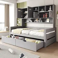 Flieks Lit de jeune Lit simple 90x200cm avec armoire et compartiments de rangement ouverts, Canapé-lit Lit en bois Lit de jour avec 2 tiroirs, Lit classique Gris