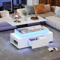 OKWISH Table basse réglable en hauteur avec plateau relevable, table de salon avec design laqué et fonction levage, blanc