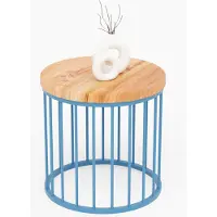 LAMO Manufaktur Table basse ronde en bois et metal 40 x 37 cm - Table d'appoint canapé pour salon moderne - Design scandinave, style industriel, touche déco chic - Couleur : foncé, pieds : bleu