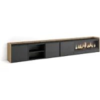 Skraut Home PULLER Meuble tv effet bois noir et chêne 315x35x50cm cheminée effet feu XXL