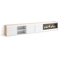 Skraut Home PULLER Meuble tv effet bois blanc et chêne 315x35x50cm cheminée effet feu XXL