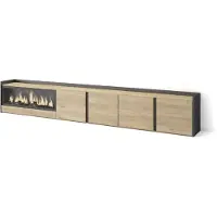 Skraut Home PULLER Meuble tv effet bois de chêne et noir 315x35x50cm cheminée effet feu