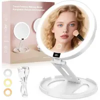 Markenlos Miroir de maquillage éclairé, rechargeable et pliable, 3 couleurs à intensité variable - Double face : grossissement 1x/10x, pivotant à 360° - Pour la maison, la salle de bain et les voyages (blanc)