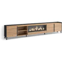 Skraut Home PULLER Meuble tv effet bois de chêne et noir 315x35x61cm cheminée effet feu