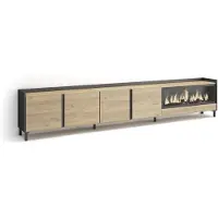 Skraut Home PULLER Meuble tv effet bois de chêne et noir 315x35x61cm cheminée effet feu