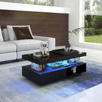 OKWISH Table Basse, 2 Tiroirs et 2 Compartiments Ouverts, Avec Éclairage LED, Structure en Panneau de Particules, Noir, 95x50x42,5 cm