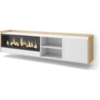 Skraut Home PULLER Meuble tv effet bois blanc et chêne 212x35x50cm cheminée effet feu XXL