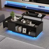 MODFU Table basse 100x50x40 cm - Plateau Relevable Hydraulique et LED - Noir