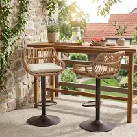 LVHOM Lot de 2 tabourets de bar en rotin avec socle métallique, chaise de bar avec dossier, meubles de jardin balcon, réglable en hauteur tabouret pivotant à 360°, beige
