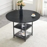 SUCCESS COURIER Table à manger ronde, 107 cm, double niveau de rangement, plateau en MDF noir, piètement en métal, pour 2 à 4 personnes, repas en famille à l'européenne