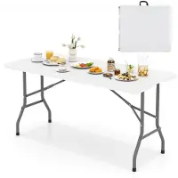 Costway Table de jardin 152 x 70 cm, table de camping pliable, table pliante avec plateau en PEHD et poignée de transport, table de balcon ou de buffet pour 4 à 6 personnes, blanche
