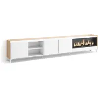 Skraut Home Meuble tv effet bois blanc et chêne 315x35x61cm cheminée effet feu XXL