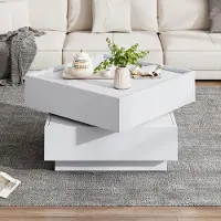 MODFU Table Basse - Double Plateau et 2 Tiroirs avec Rotation 360°, Carrée et Fonctionnelle, 60×60×38 cm, Blanc