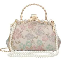 OEM Sac à dos de style rétro avec maillons de chaîne et pochette de style messager de style chinois, ornée d'un motif de robinet et d'une bordure jacquard, pour femme (fleur rose doré)