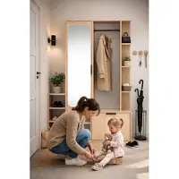 AX Living Portemanteau Nemrut aspect bois avec miroir – Meuble d'entrée avec espace de rangement