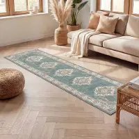 FRAAI Tapis de couloir vintage - Spring Medallion Vert/Crème | 80x300 cm | Tapis de couloir | Pile courte
