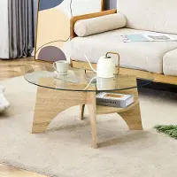 Kein Hersteller Table basse ronde en verre transparent, diamètre 80 cm, structure en forme de rayonnages, pieds en MDF imitation bois (transparent, imitation bois)