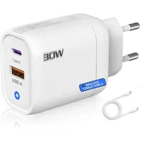 JGD -Chargeur Rapide 30 W avec 2 Ports Type C et Type A - Charge Rapide QC 3.0 - Compatible avec Samsung + iPhone + Xiaomi - Certifié CE - Couleur Blanc 3-Stars