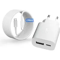 JGD -Chargeur USB C Rapide pour Apple iPhone 16/16e/16 Pro/16 Pro Max/16 Plus/15/15 Pro/15 ProMax/15 Plus/iPad Pro/iPad Air, 25W 2 Port Prise USBC en USB A Adaptateur Secteur avec Câble Type C 2M
