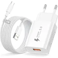 JGD -USB Chargeur avec Cable USB C 2M Nylon, 18W QC 3.0 Prise USB Charge Rapide Chargeur Charger Prise Telephone pour Galaxy S10e/S10/S10+/S9+/S9/S8/S7/A40s/A40/A14/A13,iPhone,iPad,Xiaomi,Redmi,Huawei