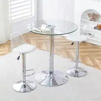 SUCCESS COURIER Ensemble de bar, table ronde en verre de 89 cm + 2 tabourets de bar réglables en hauteur, pieds argentés, pivotants